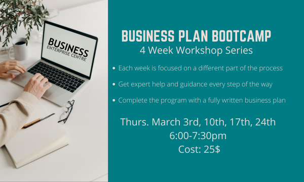 business plan bootcamp: hands on a laptop and writing in a notebook