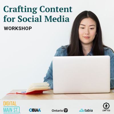A woman at a laptop with crafting content for social media title at the top